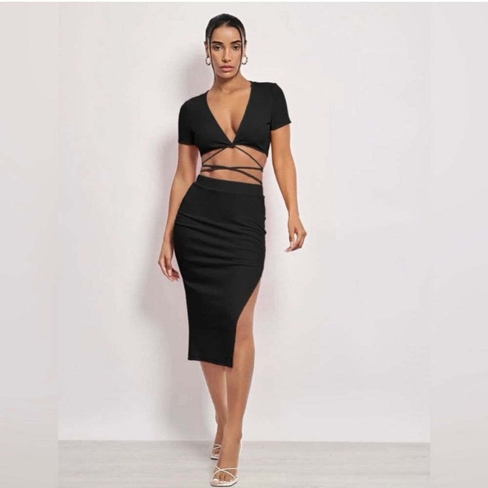 SHEIN Criss Cross Tie Back Top & Split Hem Skirt Set